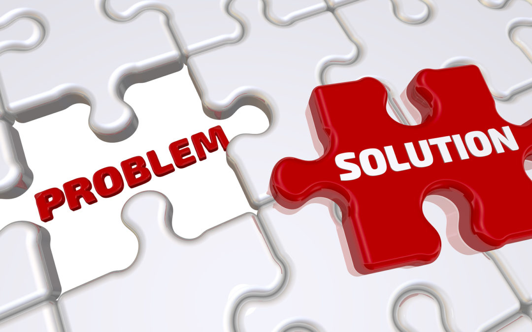 Problem solution concept. The folded white puzzles elements with empty place labeled PROBLEM and one red puzzle with word SOLUTION. 3D Illustration